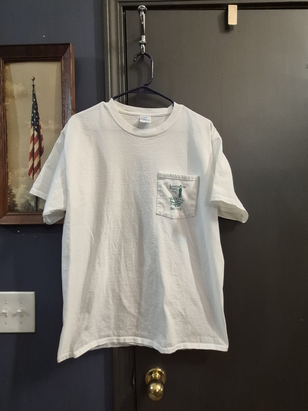 Port and Company White Pocket Tee with Green Chest Graphic